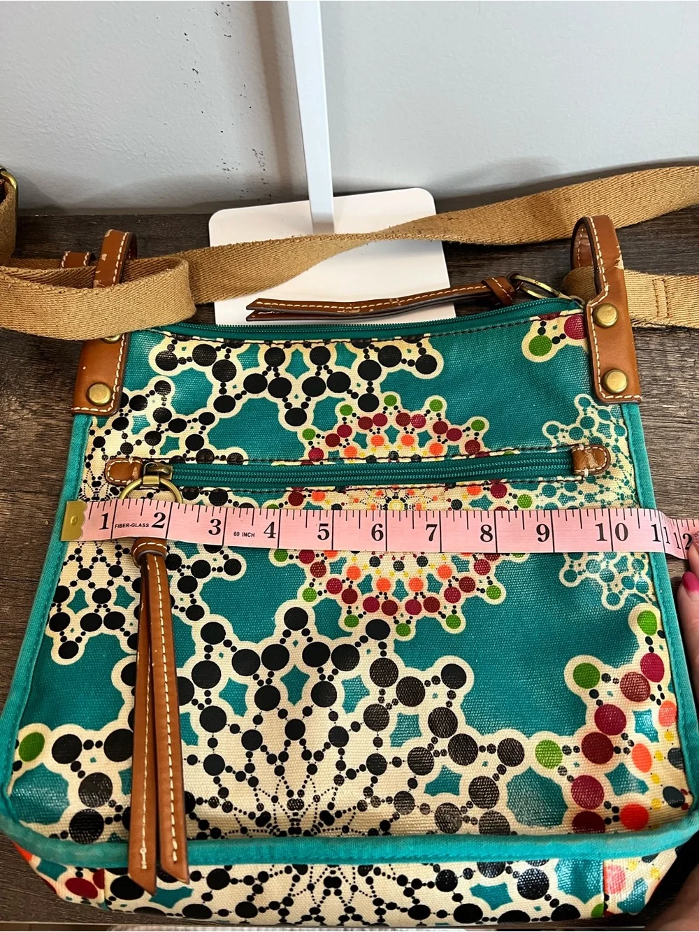 Fossil Teal Multicolor Floral Pattern Crossbody Bag coated canvas